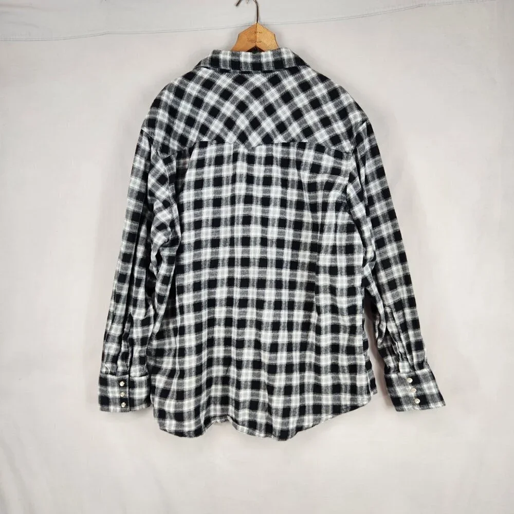 Wrangler Wrancher Pearl Snap Men's XXL Flannel Western Shirt Black White Plaid